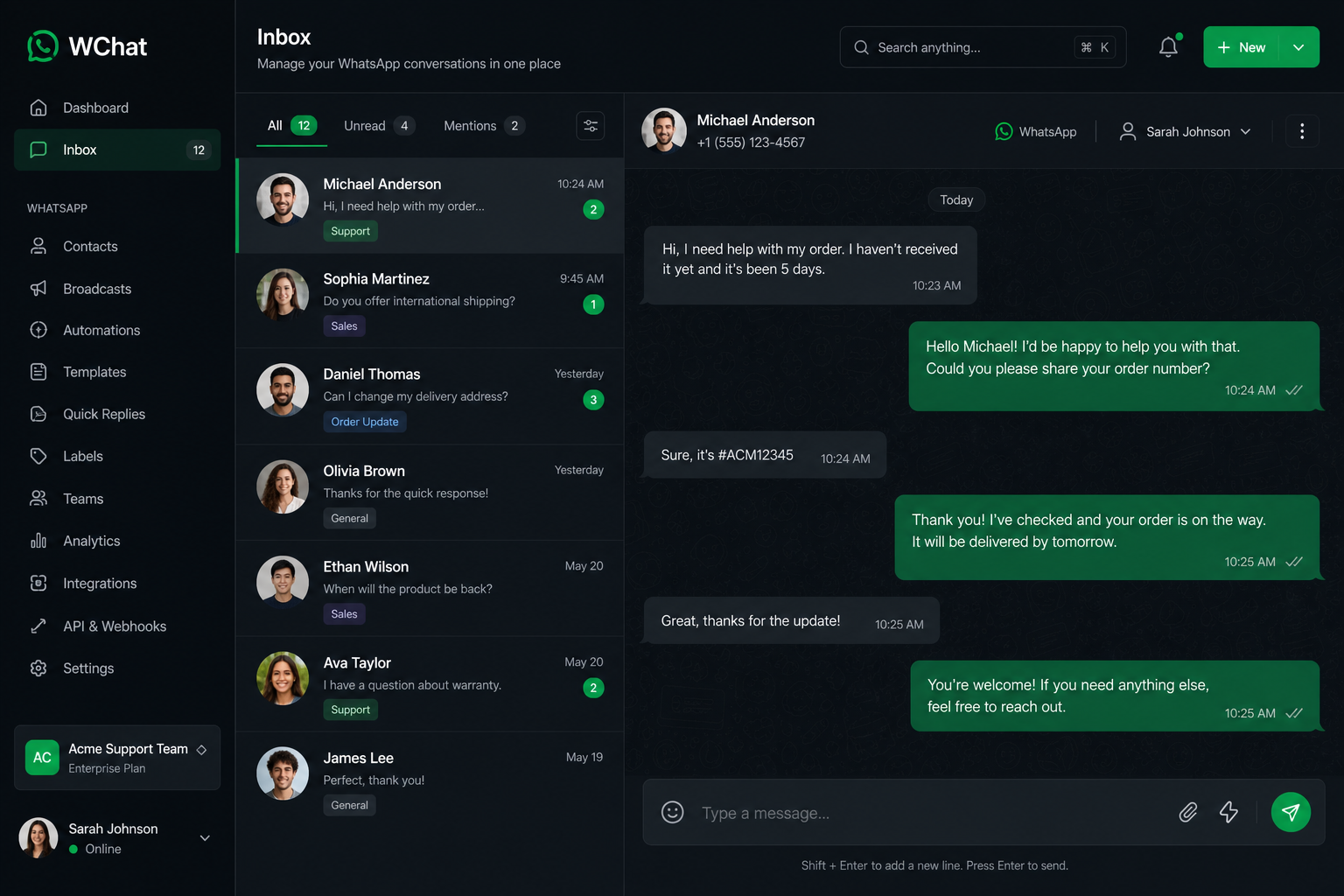 WChat team inbox — WhatsApp Business API dashboard