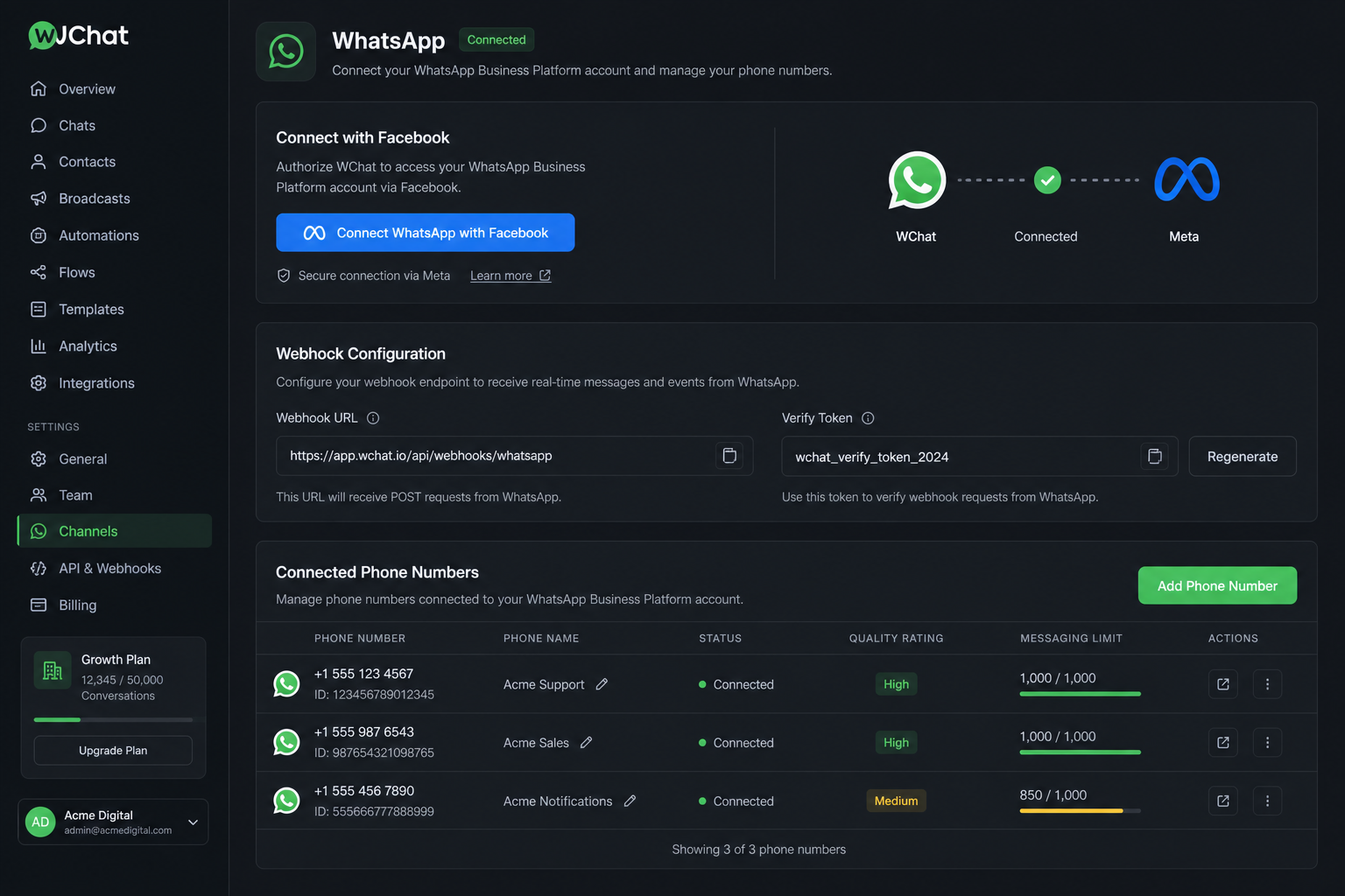 WChat WhatsApp connect screen with Meta Embedded Signup